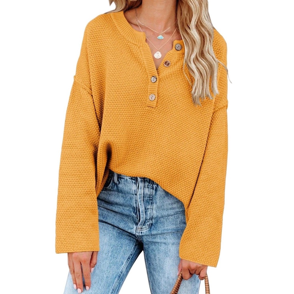 Free People FP Beach Hailee Button Henley Sweater Mustard Yellow XS Oversized